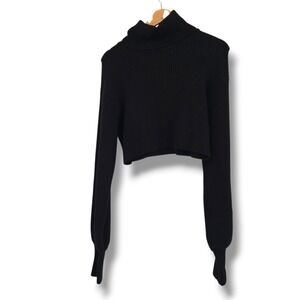 Olivaceous Black Ribbed Knit Cropped Turtleneck Sweater Long Sleeve Women's M